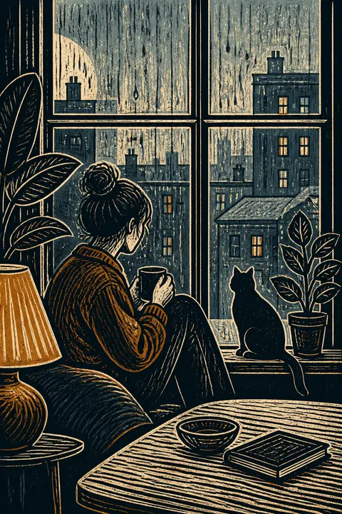 Quiet Rainy Apartment Window — Linocut Print