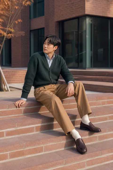 Forest Cardigan and Pleated Khaki Trousers