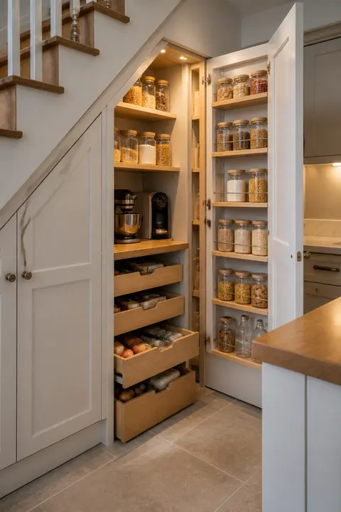 Pull-Out Pantry Fitted Beneath the Stairs
