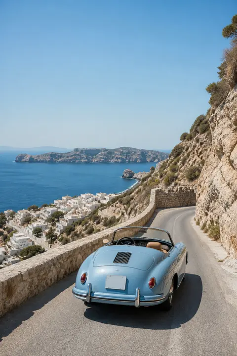 Vintage Convertible on a Greek Island Road