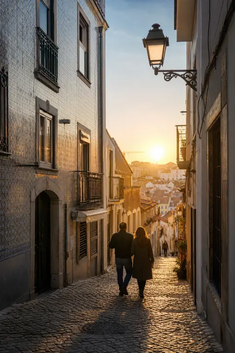 Street Details around Lisbon Tiled Alley at Sunrise
