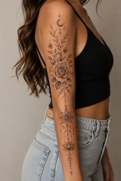 Crescent Moon Rose Lotus Sleeve Tattoo