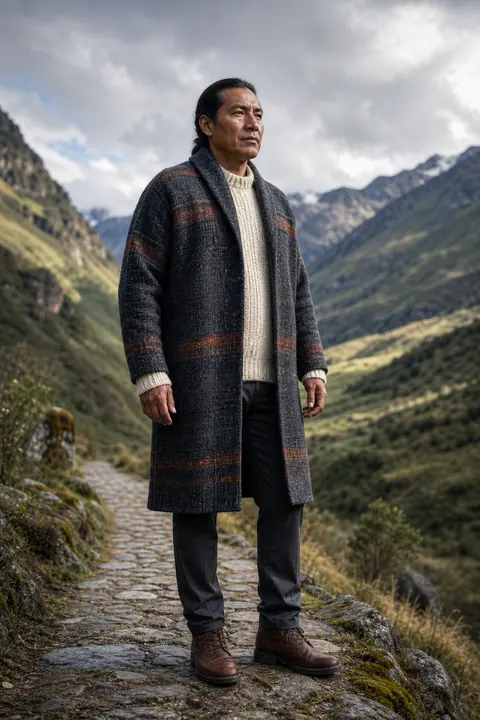 Patterned Alpaca Coat in the Andes