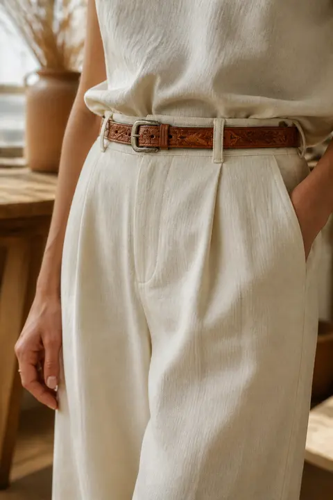 Slim Tooled Leather Belt with Linen