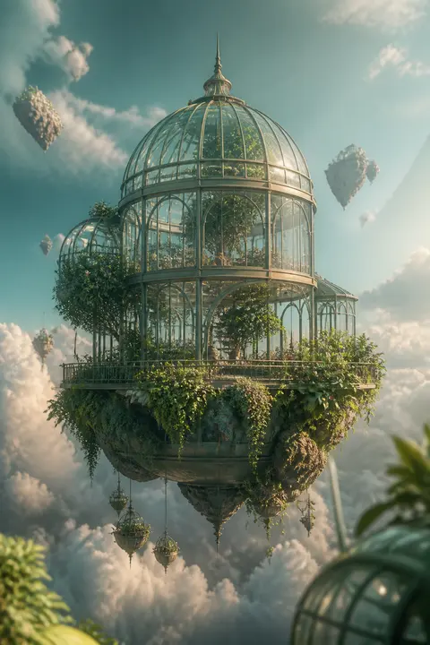 3D Render: Surreal Floating Greenhouse