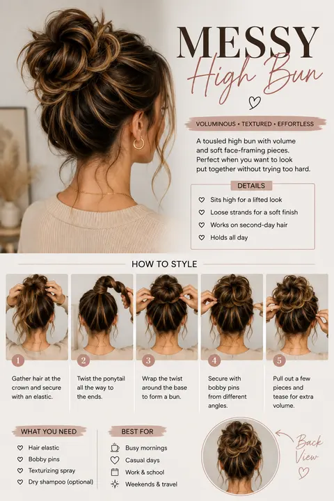 Bun Hairstyle: Messy High Bun with Face-Framing Strands