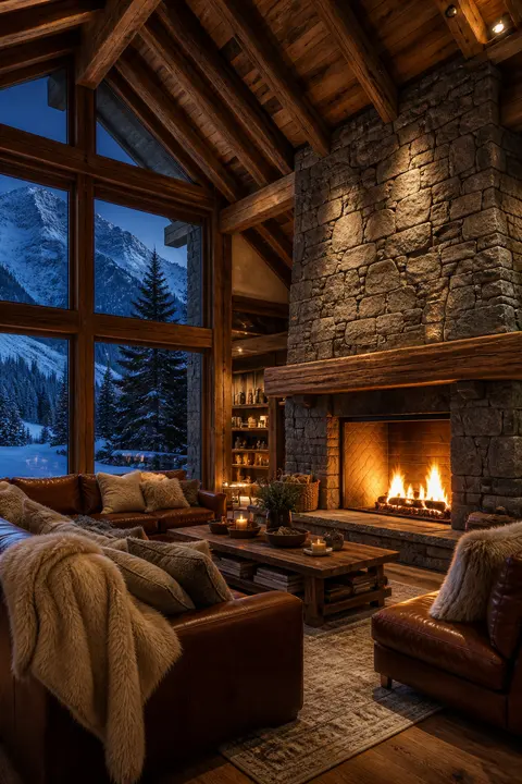 Alpine Chalet Living Room with Stone Hearth