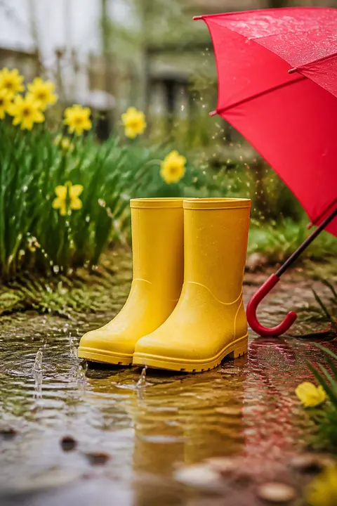 Bright Yellow Rain Boots in a Spring Puddle