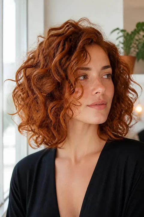 Copper Curly Lob with Airy Volume