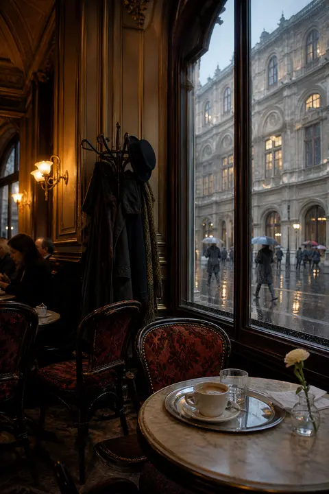 Rainy-Day View of Vienna Historic Coffeehouse Interior