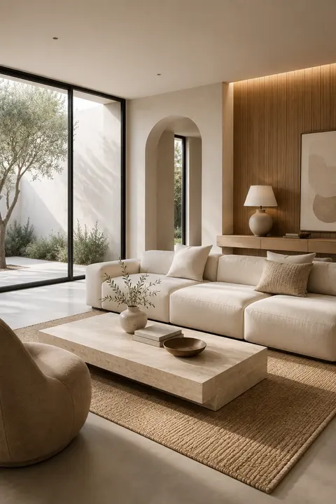 Minimalist Living Room with Travertine Coffee Table