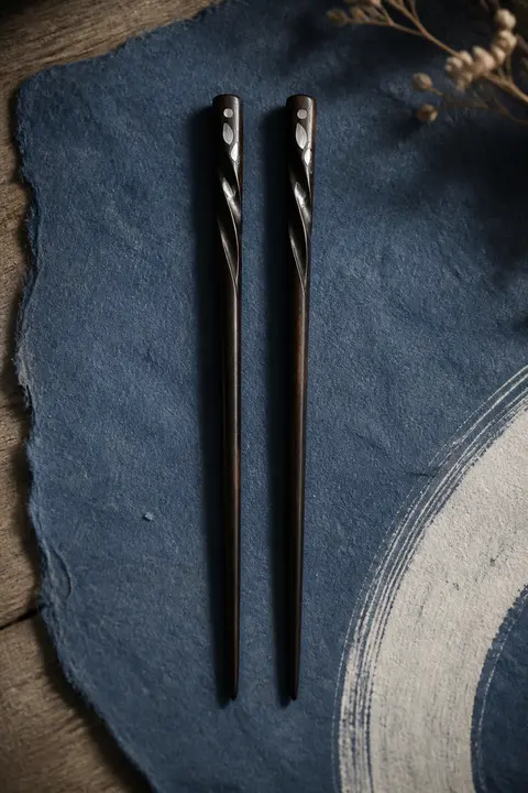 Minimal Black Hair Sticks on Indigo Silk
