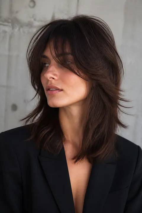 Brunette Wolf Cut with Curtain Bangs