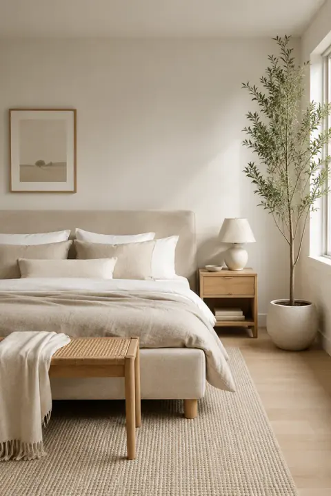 Scandinavian Beige Bedroom with Olive Tree