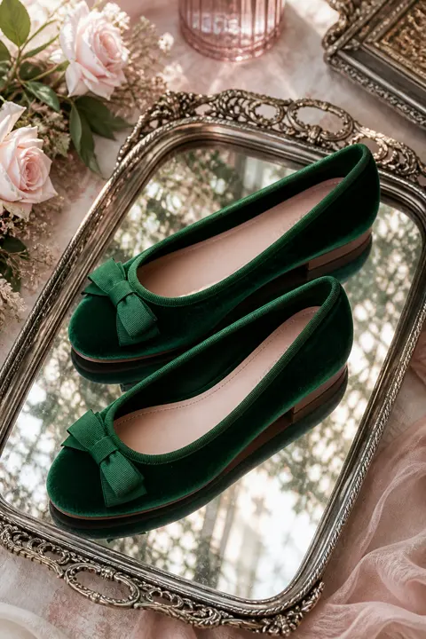 Emerald Velvet Ballet Flats with Bow Details