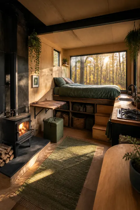 Off-Grid Micro Cabin with a Raised Bed