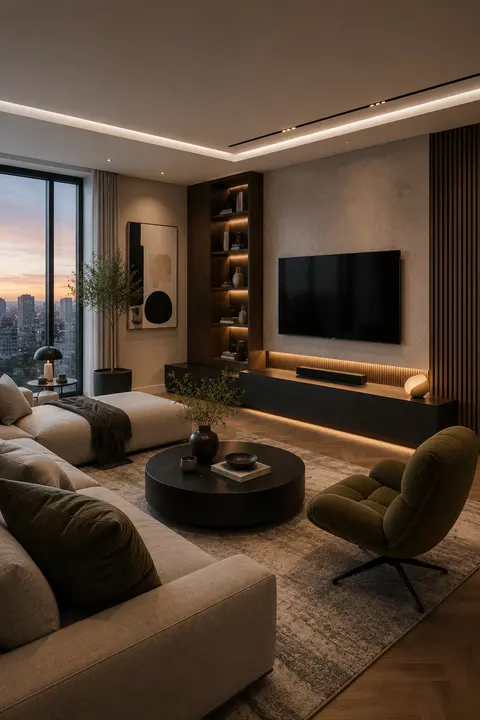 Modern Living Room with Black Round Coffee Table