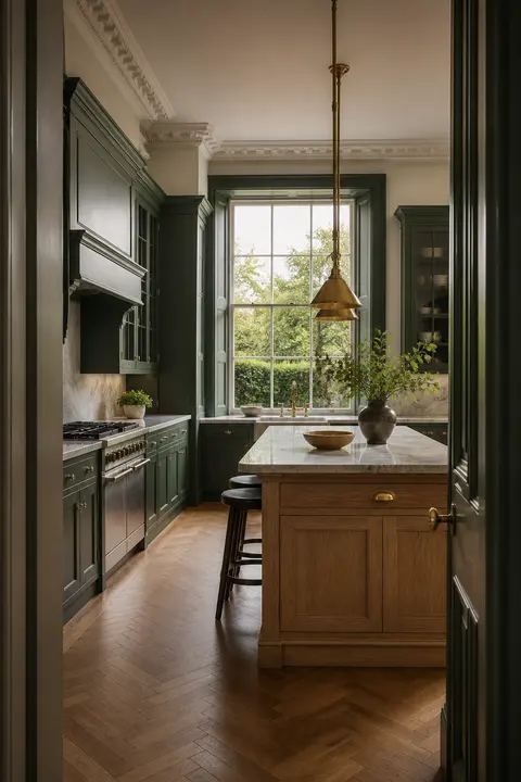Dark Green Georgian Kitchen with a Wood Island