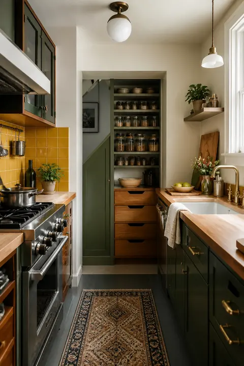 Colorful Retro Kitchen with Compact Galley and Pantry