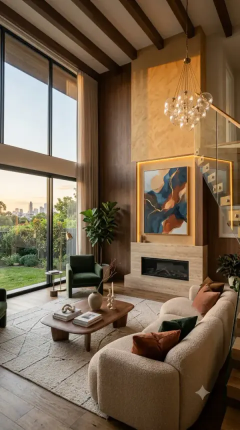 Timber Beam Living Room With Travertine Fireplace