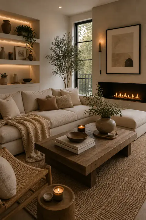 Cozy Neutral Living Room With Fireplace, Wood Coffee Table