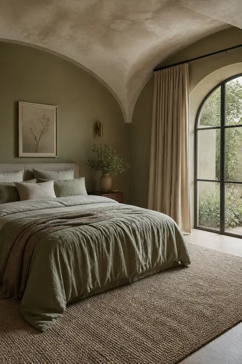 Serene Sage Bedroom: Linen Bedding and Rug