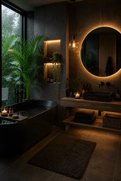 Dark Spa Bathroom with Warm Ambient Lighting