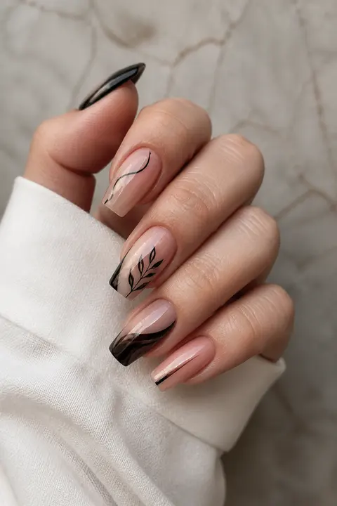 Soft Coffin Black Line Art on Nude Manicure