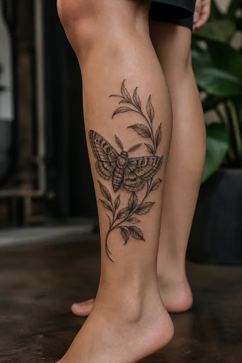 Engraving-style Moth Tattoo for Outer Calf Placement