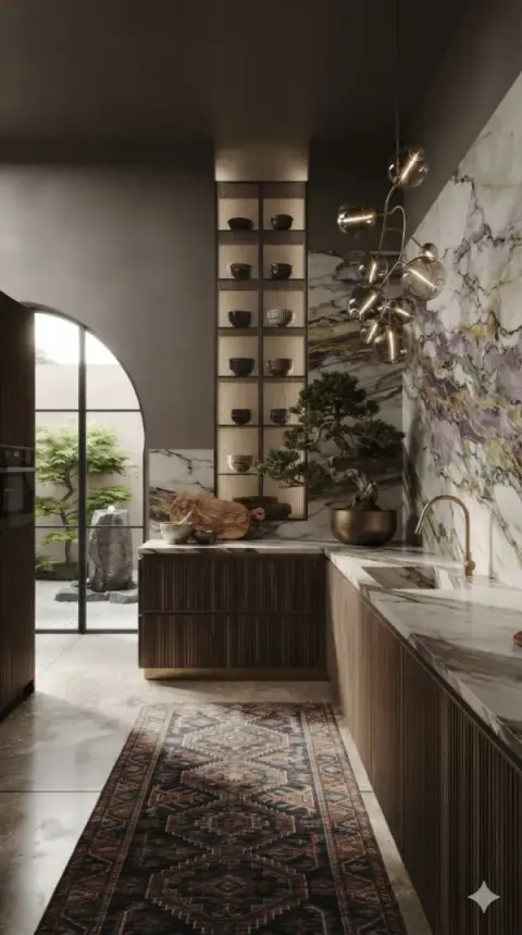Taupe Kitchen With Lilac Marble Backsplash