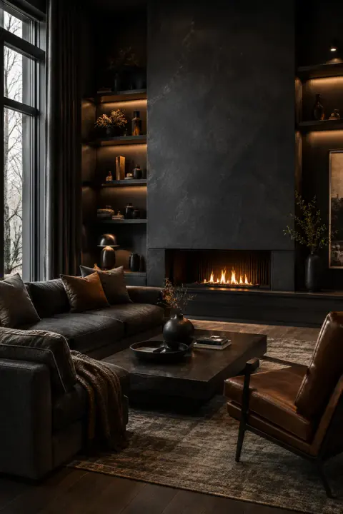 Dark Charcoal Living Room with Linear Fireplace