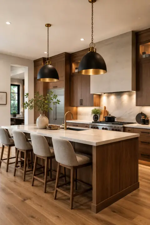 Walnut Kitchen with Marble Island and Brass Lights