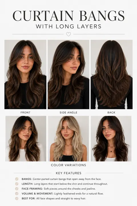 Curtain Bangs with Long Layers Front Side and Back