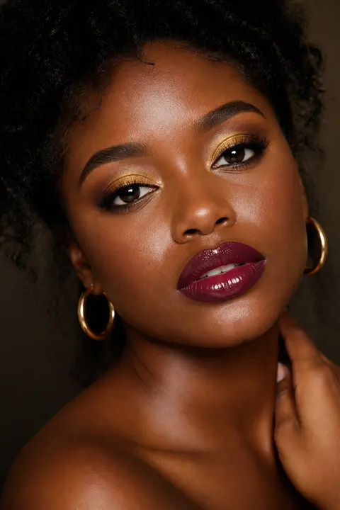 Berry Lip & Gold Eyeshadow on Deep Skin and Curls