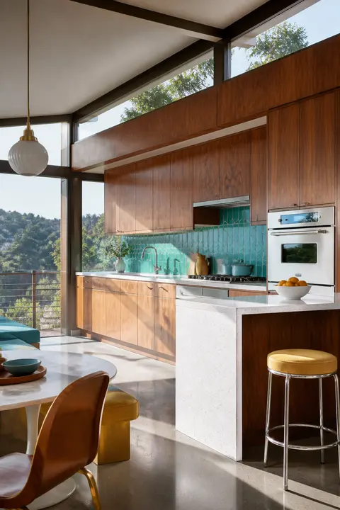 Midcentury Walnut Kitchen with Turquoise Tile