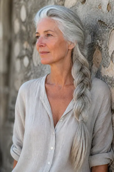 Long Silver Side Braid for Mature Hair