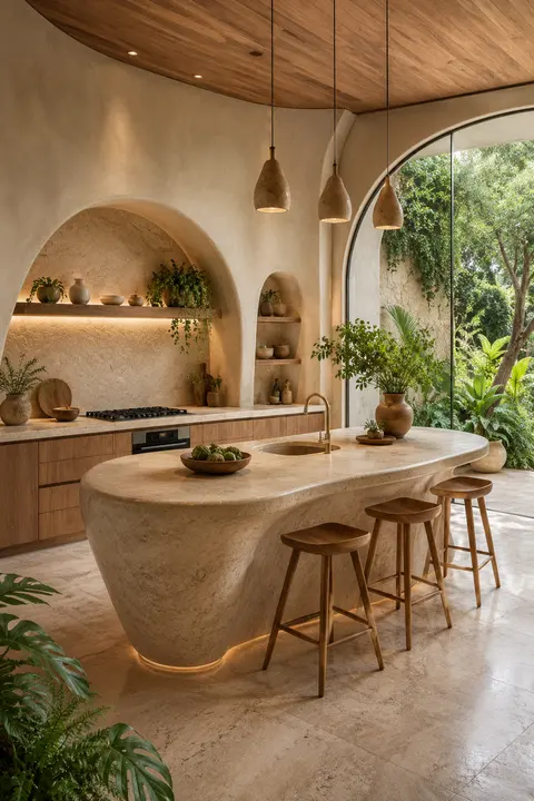 Organic Biophilic Kitchen with Curved Stone Island