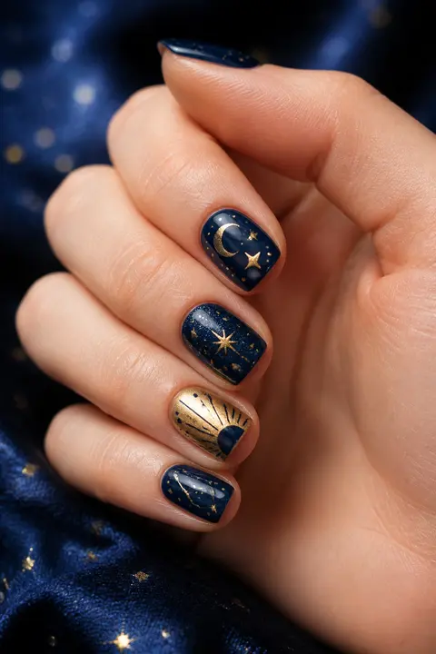Short Square Nails with Navy and Gold Celestial