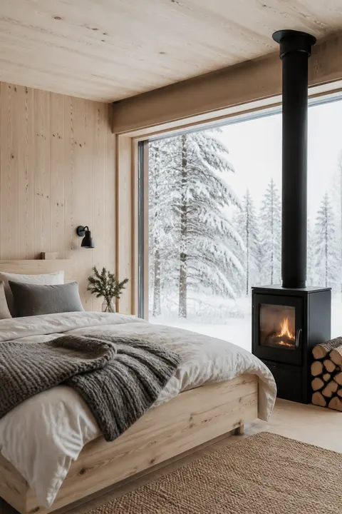 Scandinavian Cabin Bedroom in the Snow