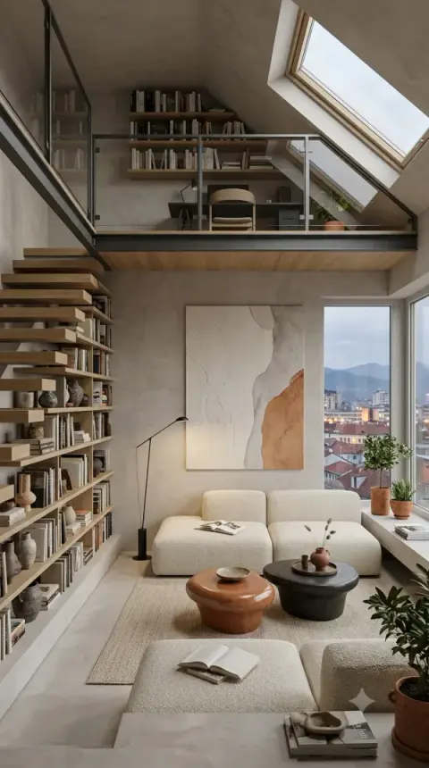 Attic Loft Living Room With Library Staircase