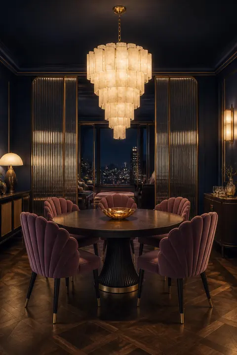 Navy Art Deco Dining Room with Blush Chairs