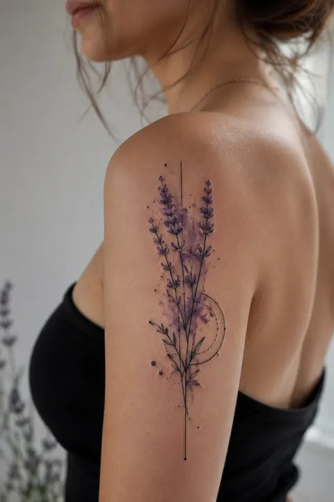 Lavender Shoulder Tattoo with Watercolor Fine Lines