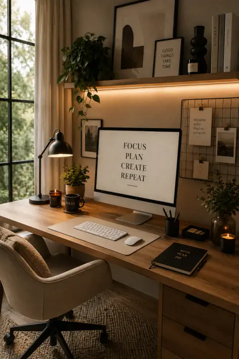 Warm Minimalist Home Office With Wood Desk and Plants