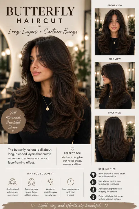 Butterfly Haircut with Feathered Layers and Curtain Bangs