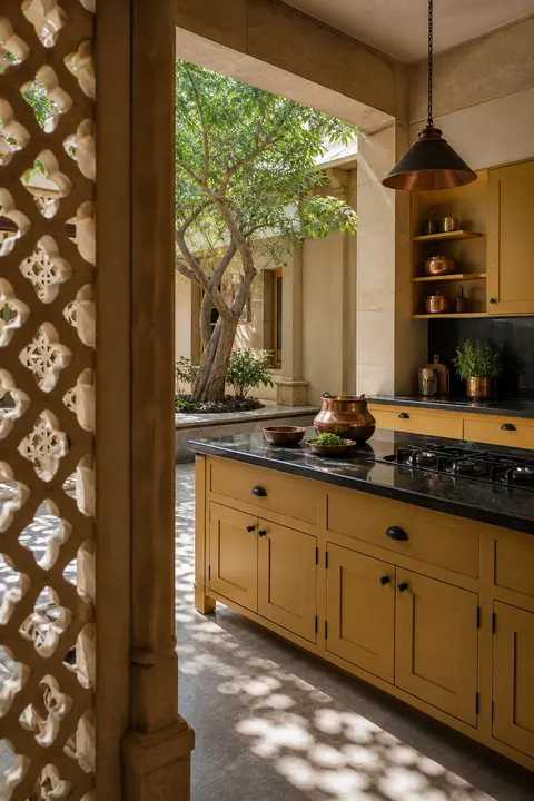 Mustard Kitchen Opening to an Indian Courtyard