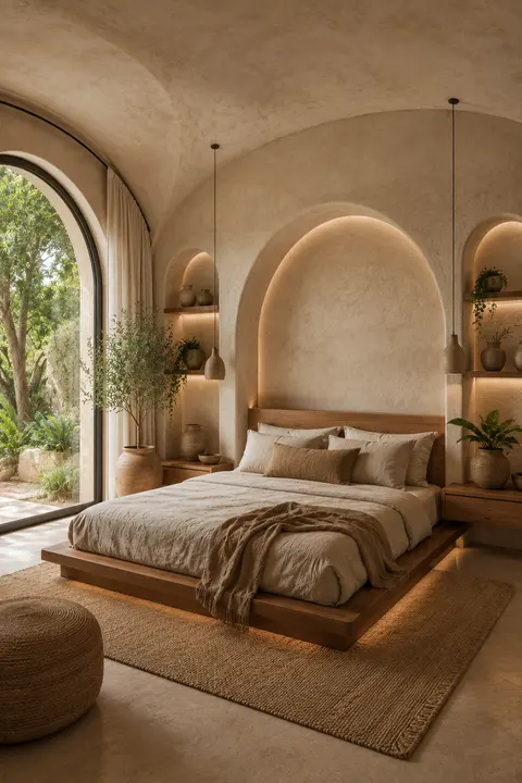 Organic Mediterranean Bedroom with Arched Plaster Walls