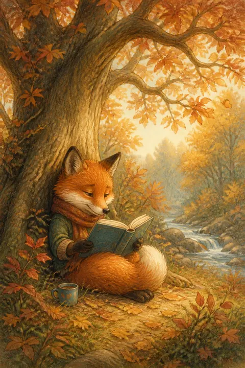 Fox Reading beneath an Old Tree in Colored Pencil