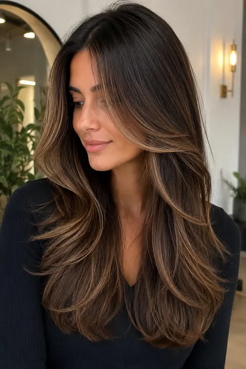 Brunette Face-Framing Highlights with Long Layers