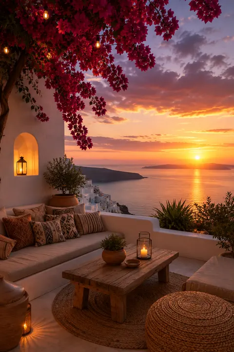 Santorini Terrace with Bougainvillea at Sunset