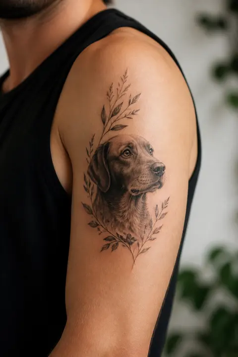 Upper Arm Micro-realism Pet Portrait Tattoo